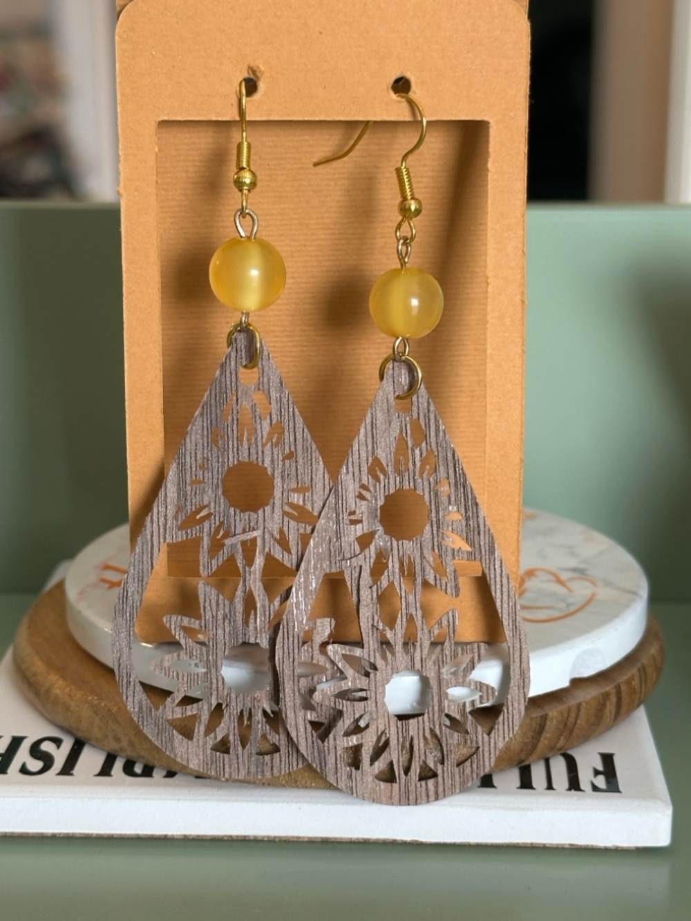 Wooden Teardrop Sunflower Cutout Earrings with Yellow Bead